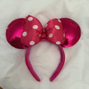 Disney Parks Minnie Mouse Ears Pink Sequin Headband Padded Polka dot Bow Bright